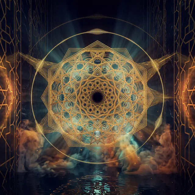 Ten-pointed golden mandala floating in a dark mirrored corridor — artwork placeholder for the fifth single